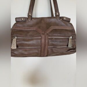 Kathy Van Zeeland Brown Shoulder Bag Multi Zip Pocket Studded Hardware